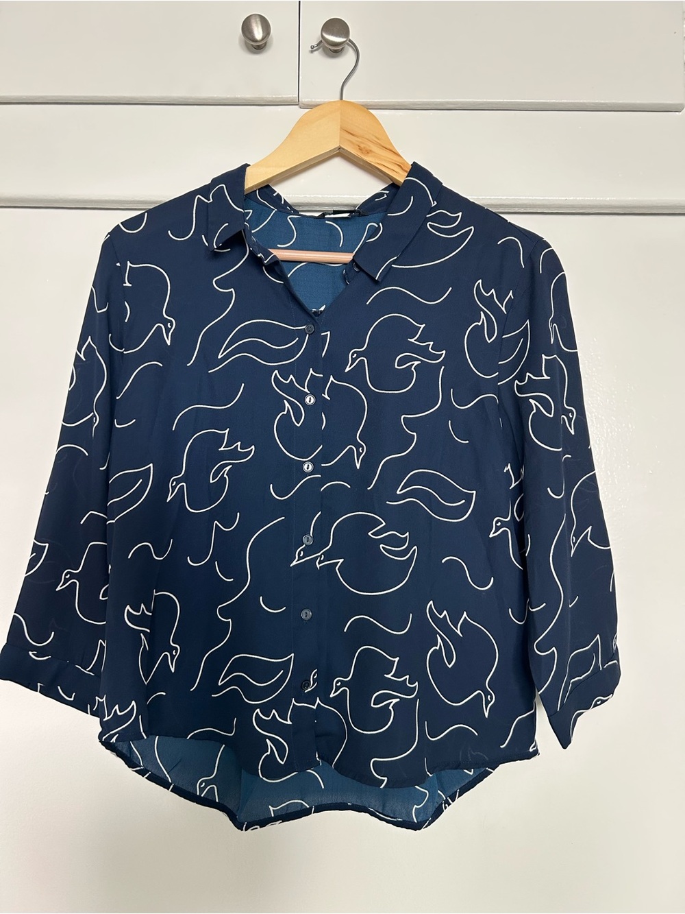 Monki Navy Blue Button-Down Top with White Abstract Bird Print